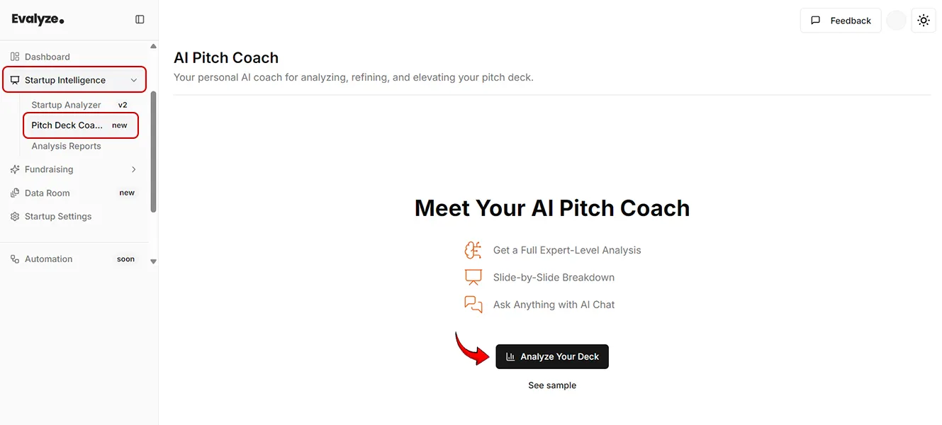 Evalyze AI Pitch Coach upload screen with a drag-and-drop area for pitch deck PDFs