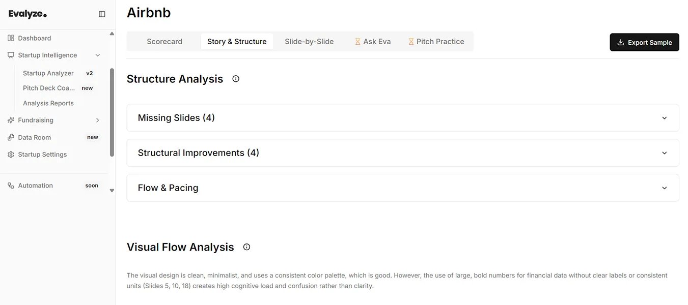 Story & Structure tab of AI pitch coach for a top-down audit of your deck’s health