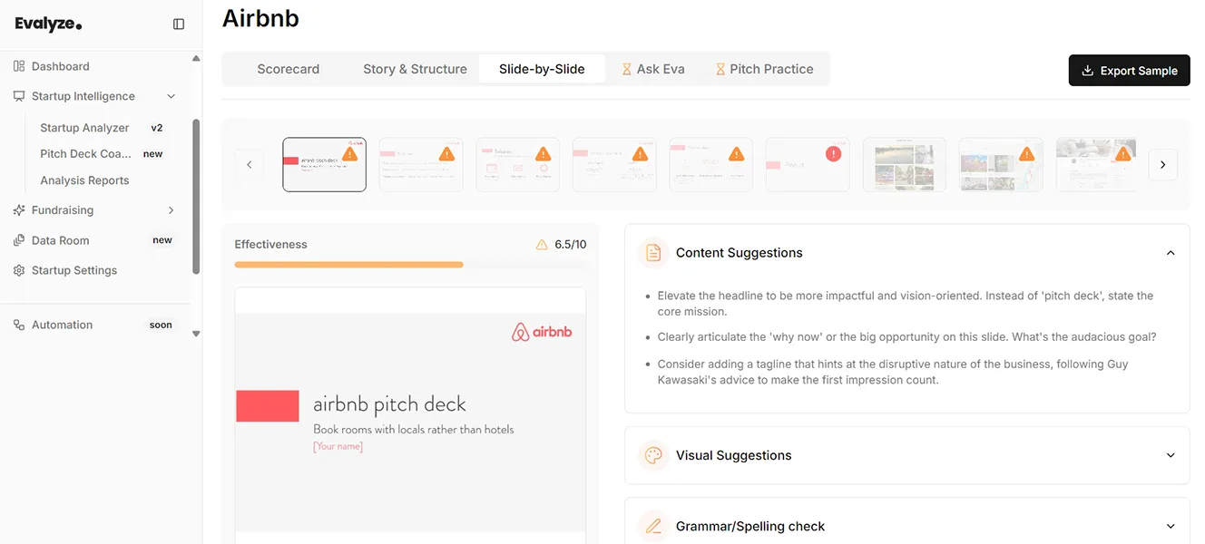 AI pitch coach slide-by-slide section review in dashboard