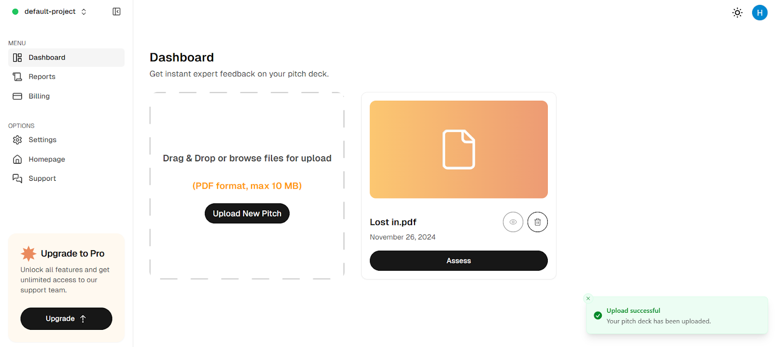 Evlayze Dashboard Uploading Pitchdecks