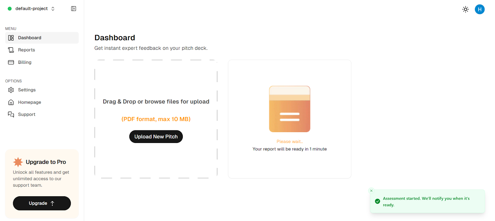 Evlayze Dashboard Assessing Pitchdecks