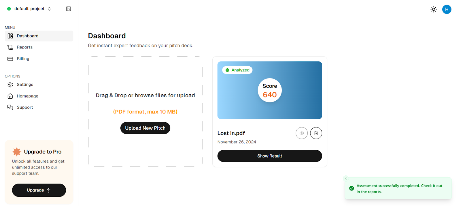 Evlayze Dashboard Assessing Pitchdecks