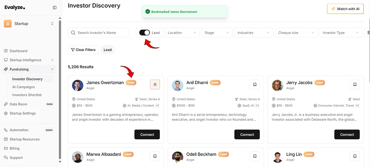 Evalyze Dashboard: Investor Discovery