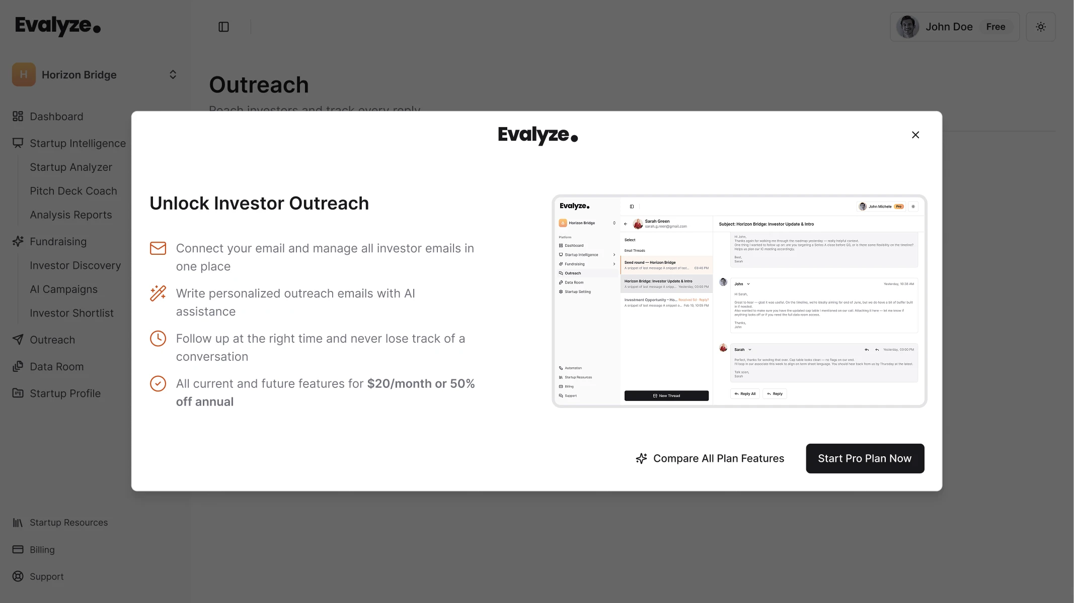 Evalyze Investor Outreach dashboard with options to complete a startup profile or start a new outreach email