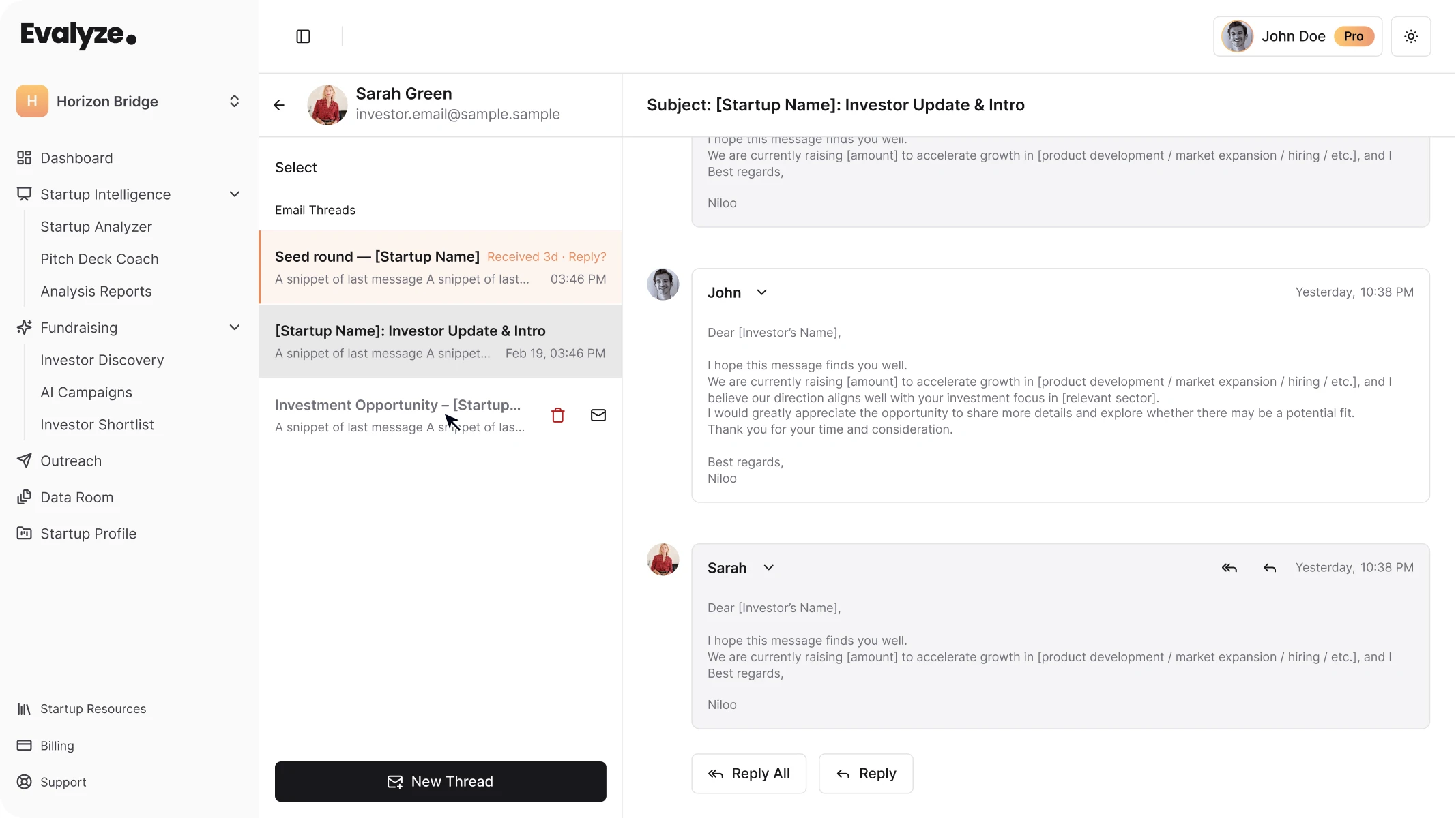 Full investor conversation inside Evalyze with Reply, Reply All, and New Thread controls.