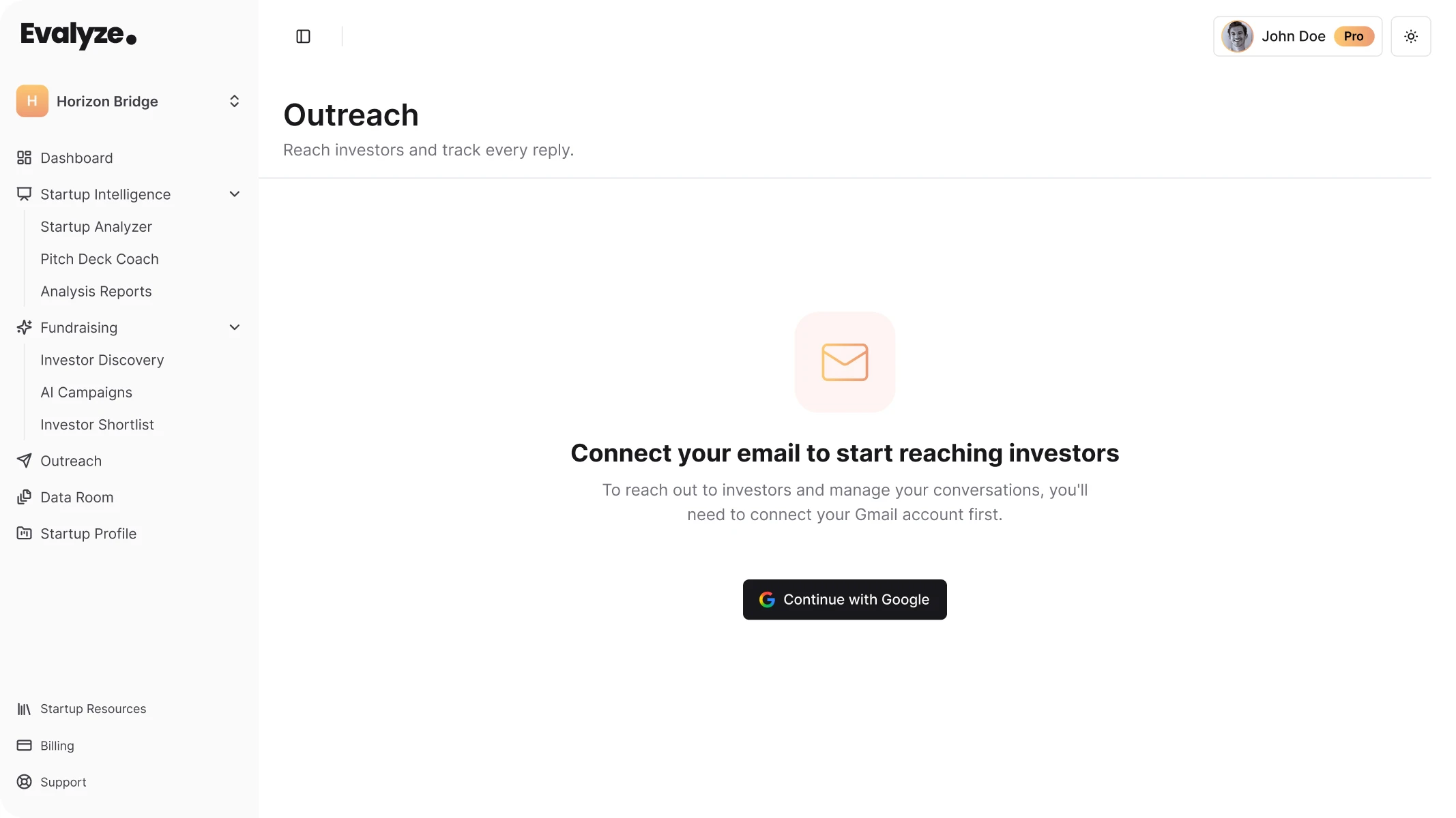 Evalyze Outreach page asking the user to connect a Gmail account through Google.