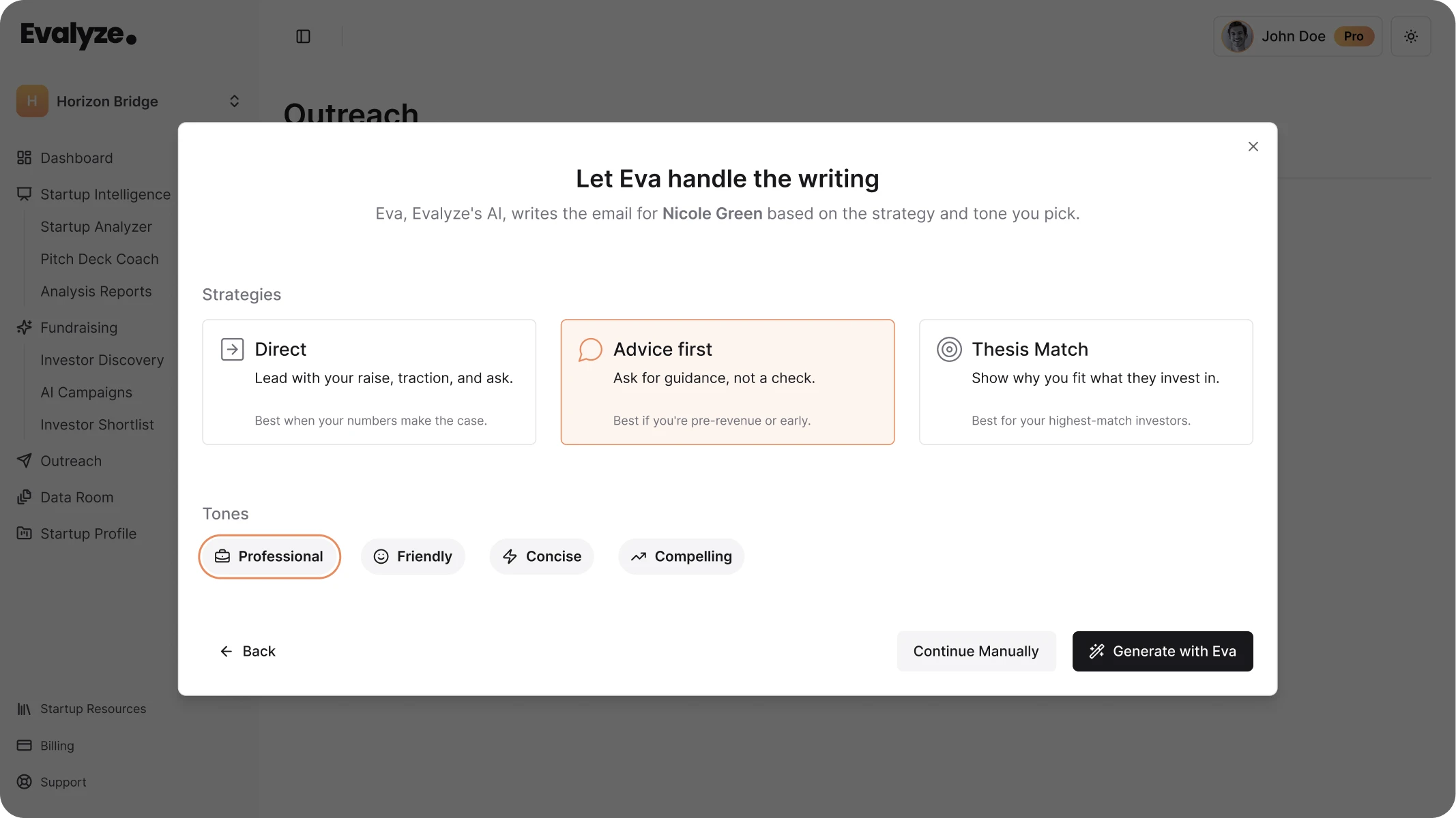 Evalyze outreach strategy selector showing Direct, Advice First, and Thesis Match.