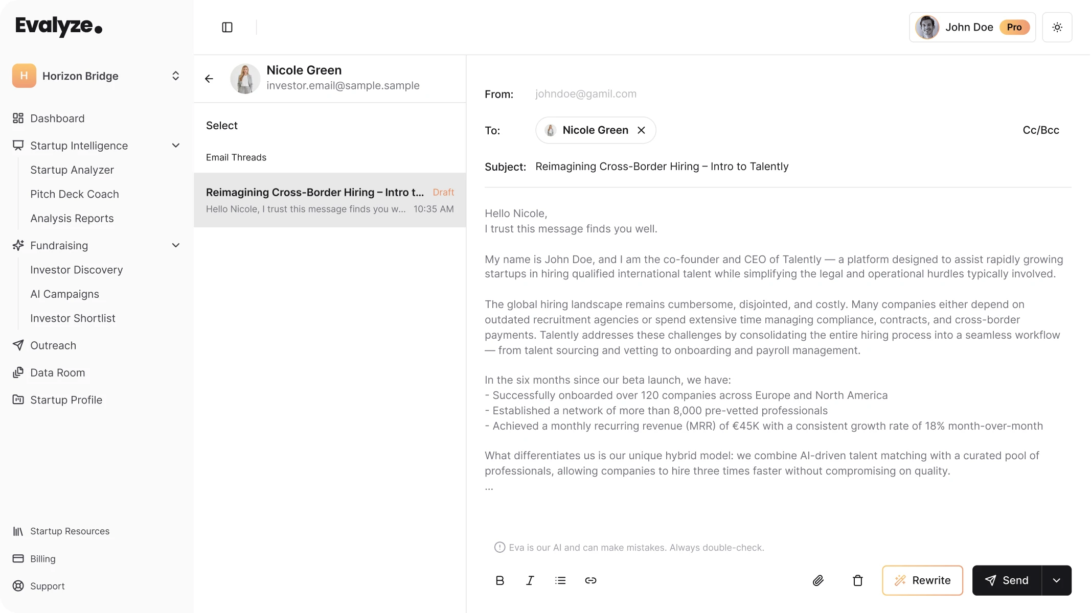 AI-generated investor outreach email inside the Evalyze email composer.