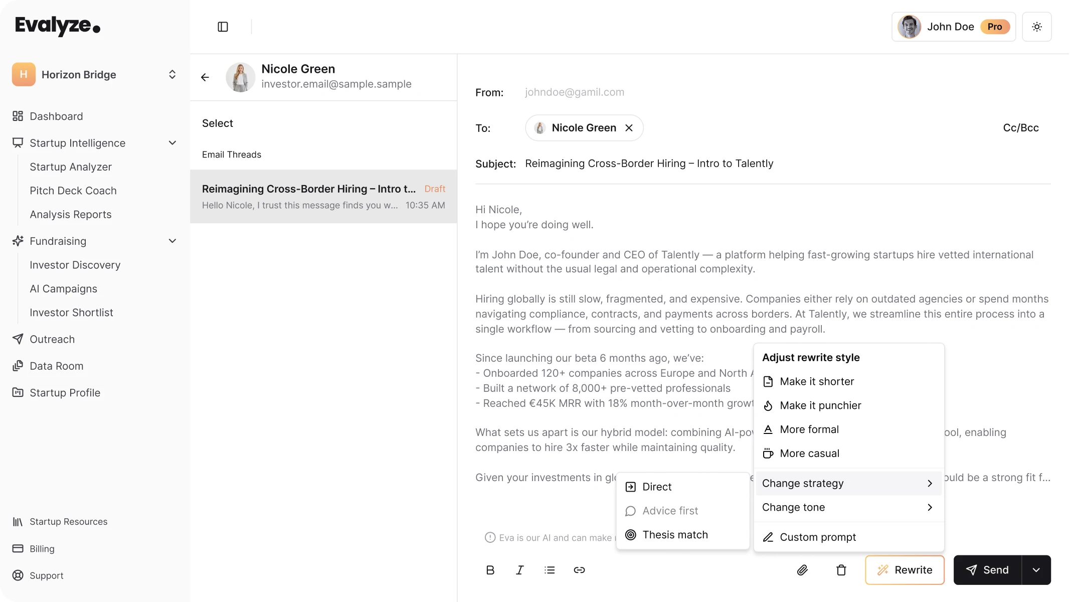 AI-generated investor outreach email inside the Evalyze email composer.