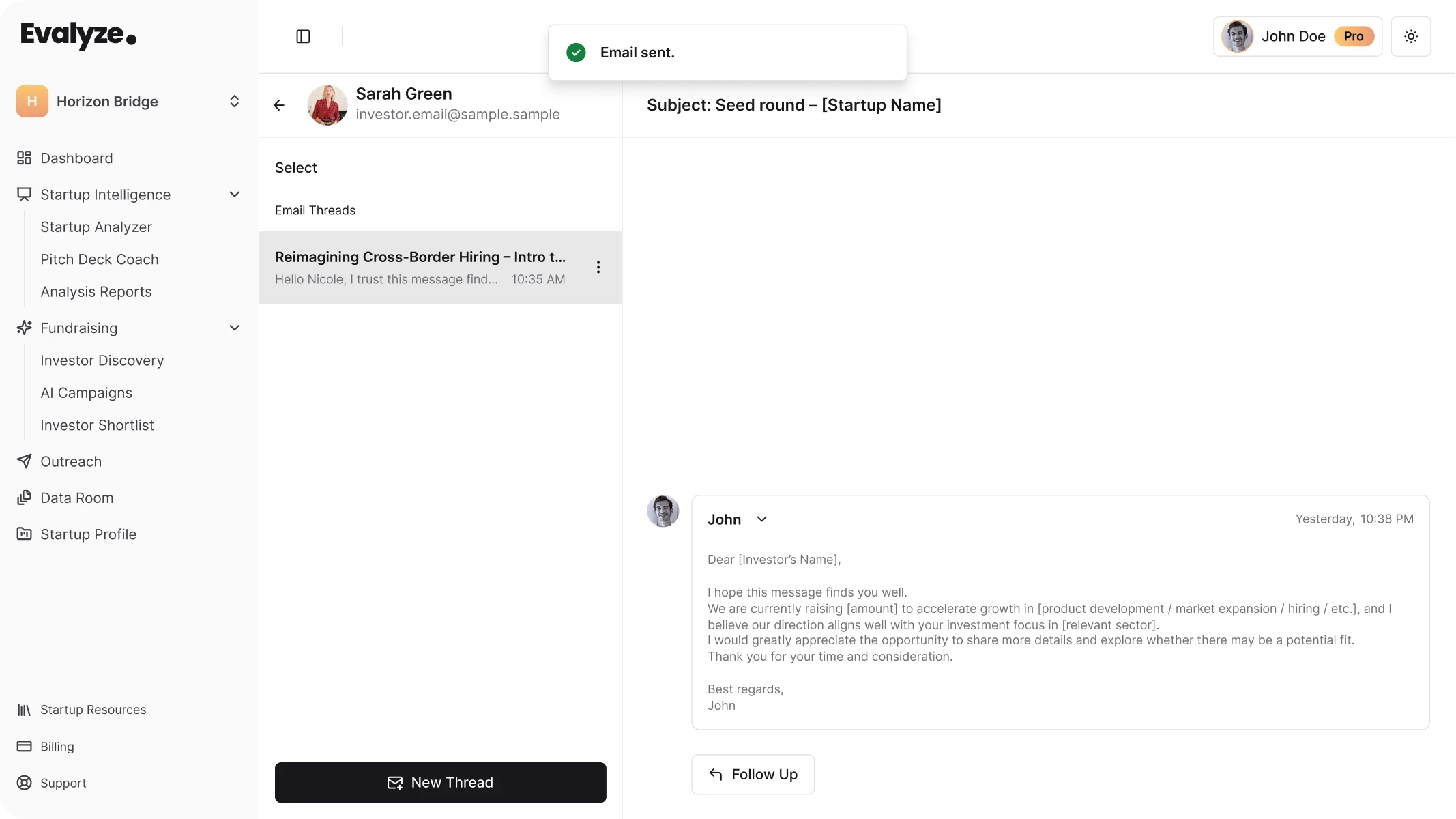 Evalyze investor email thread displaying an Email sent confirmation and Follow Up button.