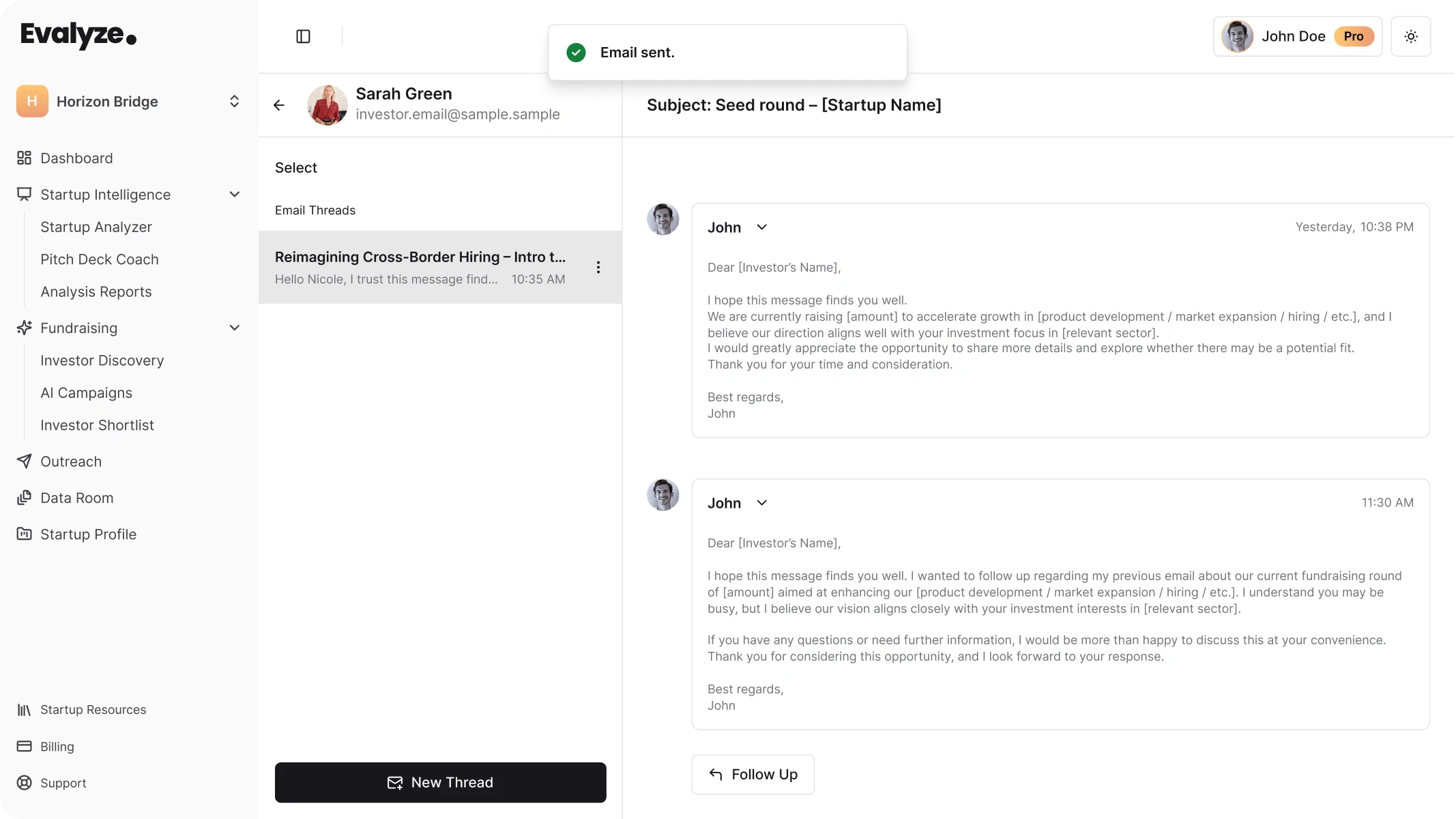 Evalyze investor email thread showing a sent message, follow-up message, and follow-up button.