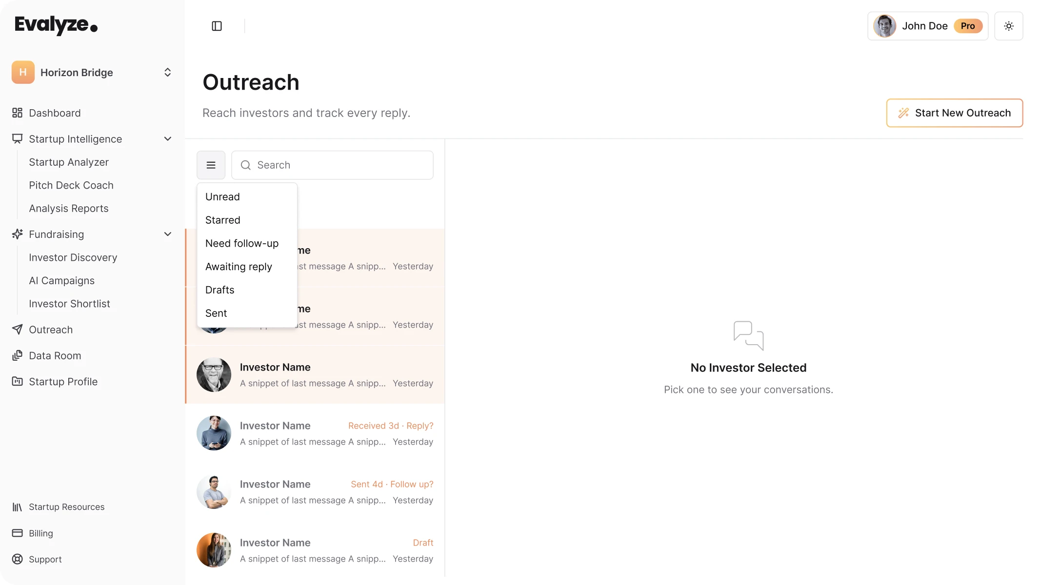 Evalyze Outreach inbox filters for unread, follow-up, awaiting reply, drafts, and sent emails.