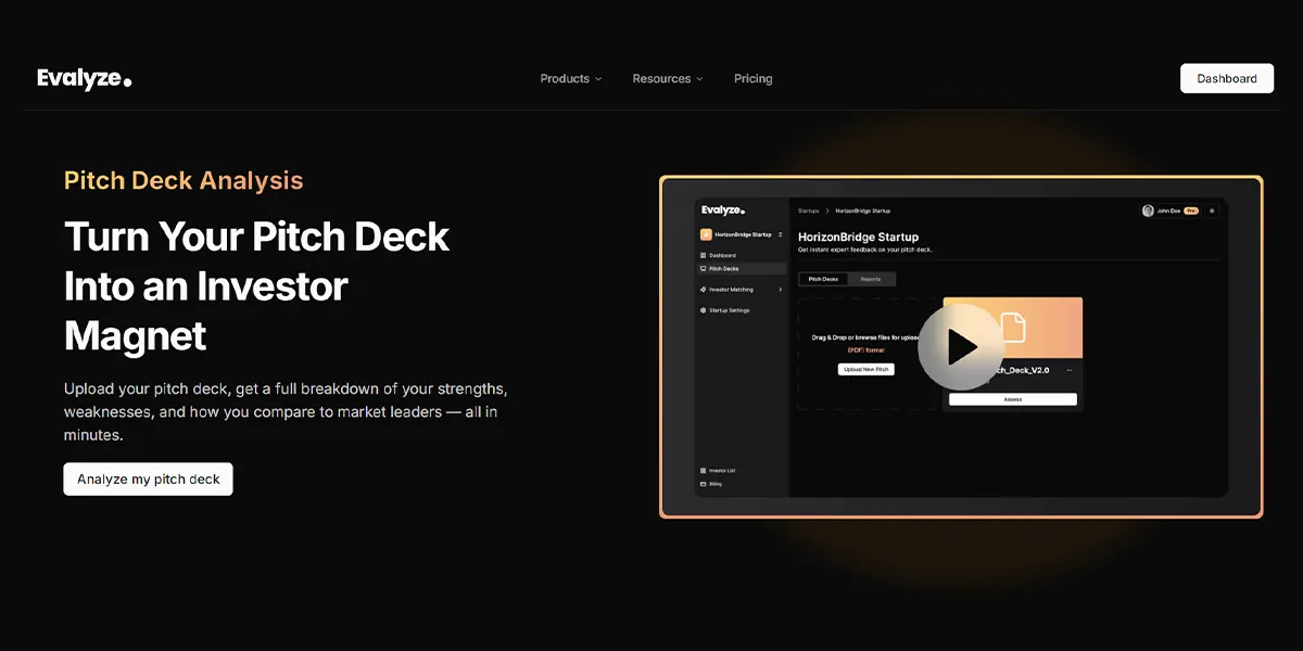 Evalyze.ai website interface for pitch deck analysis. The page displays the headline Turn Your Pitch Deck Into an Investor Magnet alongside a software dashboard for uploading and assessing presentations